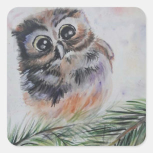 Calcomanía de pintura de acuarela de pequeño búho