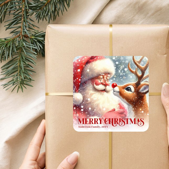 Calcomanía de regalo personalizada de Santa clásic (Classic Santa and Rudolph Personalized Gift Sticker)