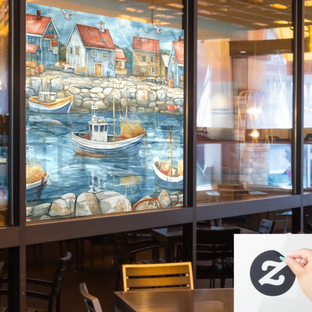Calcomanía de ventana de aldea marítima (ventana del restaurante)