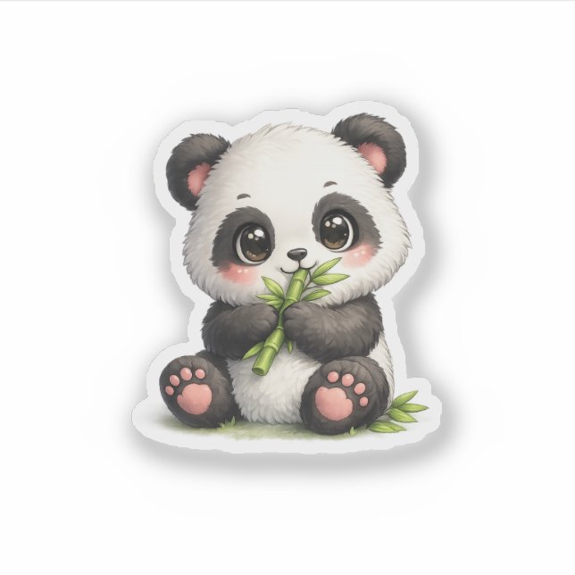 Calcomanía de vinilo de bebé panda comiendo bambú (Anverso)