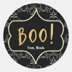 Calcomanía elegante de Halloween dorado BOO negro 