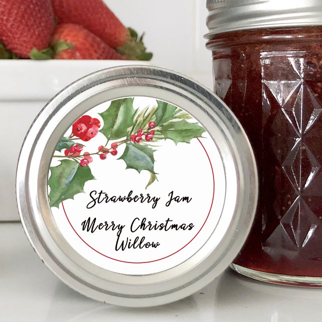 Calcomanía en blanco de acebo y bayas (Holly Berry Blank Jar Canning Homemade Classic Round Sticker)