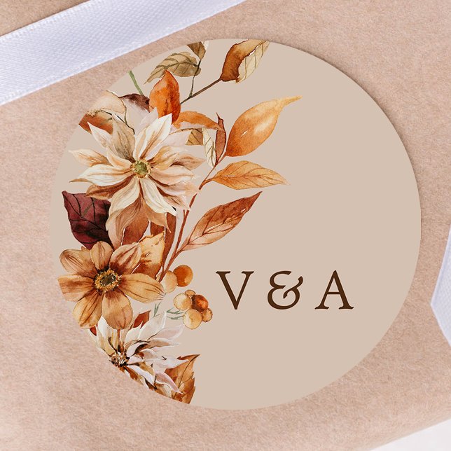 Calcomanía Monogramada de Hojas de Otoño Rústicas (Rustic Autumn Leaves Monogrammed Round Sticker
by Painted Paperie)