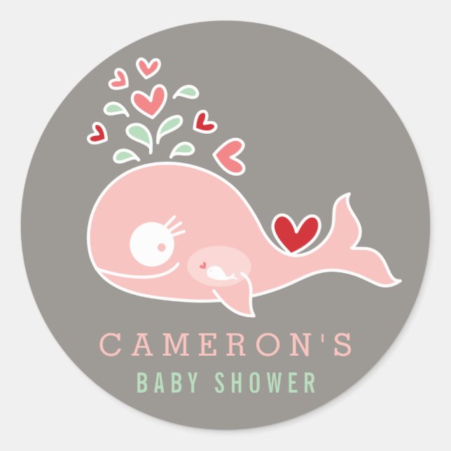 Calcomanía para Baby Shower de ballena rosa para f (Anverso)