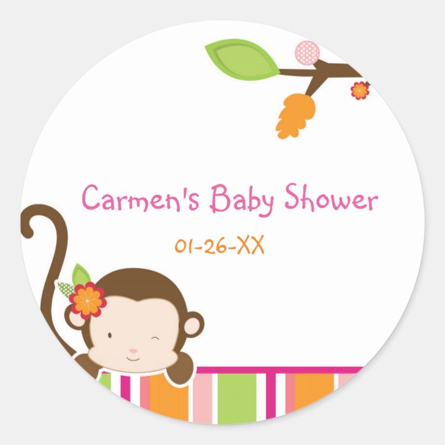 Calcomanía para favor de Baby Shower de niña mono  (Anverso)