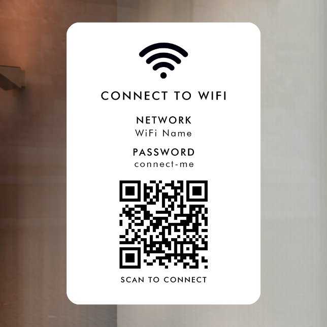 Calcomanía para ventana de WiFi | Vinilo adhesivo  (Wi-Fi window cling vinyl decal with interactive QR code, connecting visitors seamlessly to your WiFi)
