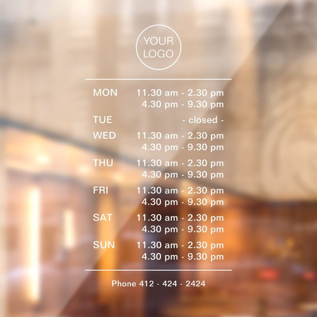 Calcomanía para ventana frontal de tienda con hora (Modern, minimalist window cling with complex business hours, logo and phone number in white.)