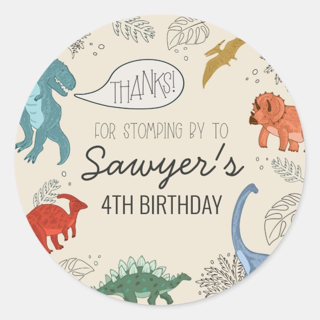 Calcomanía redonda de cumpleaños de dinosaurio (Anverso)