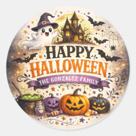 Calcomanía redonda de familia de Halloween con acu