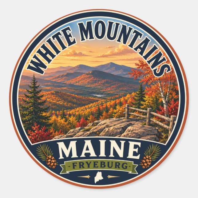 Calcomanía redonda de White Mountains Fryeburg Mai (Anverso)