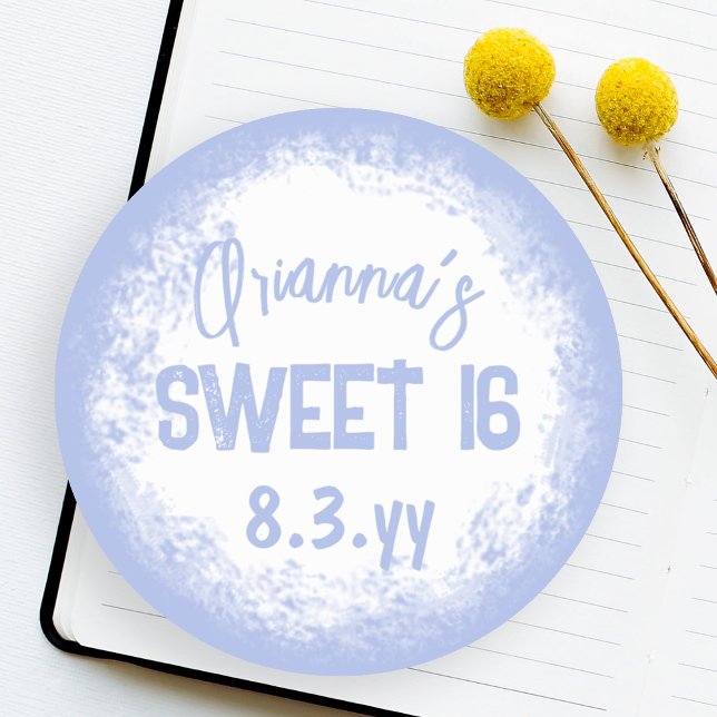 Calcomanía Sello Etiqueta Personalizada Dulces 16  (Light blue, white sweet 16 party favor stickers, sweet sixteen round sticker labels envelope seals)