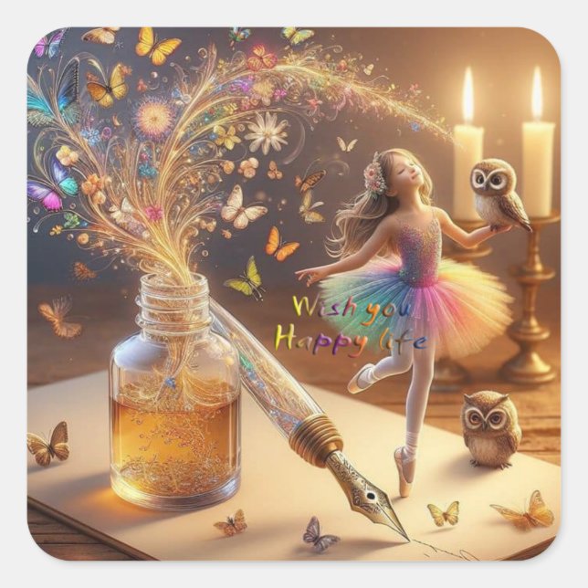 Calcomanías cuadradas de deseos de vida feliz (Anverso)