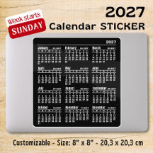Calcomanías de calendario mensual 2027 domingo sem