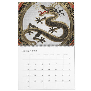 Calendario [100] Dragón oriental sagrado de oro y negro