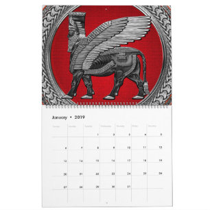Calendario [100] Toro alado asirio: Lamassu plateado y negro