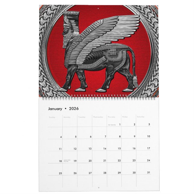 Calendario [100] Toro alado asirio: Lamassu plateado y negro (Jan 2026)