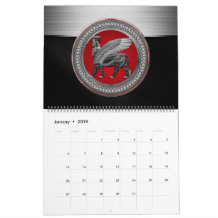 Calendario [100] Toro alado asirio: Lamassu plateado y negro