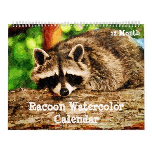 Calendario 12 meses acuarela Raccoon Arte de pintura de vida