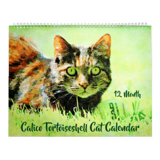 Calendario 12 meses Calico Tortoiseshell Gats Watercolor Gift