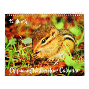 Calendario 12 meses - Chipmunks a rayas de color de agua para