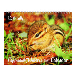 Calendario 12 meses - Chipmunks a rayas de color de agua para