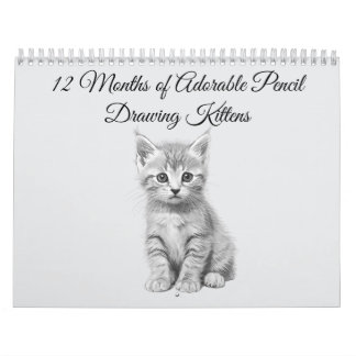 Calendario 12 Meses de Adorables Gatitos Dibujados a Lápiz