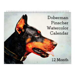 Calendario 12 meses Doberman Pinscher Pintura de acuarela de 