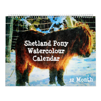 Calendario 12 meses Shetland Ponies Watercolor Pintura