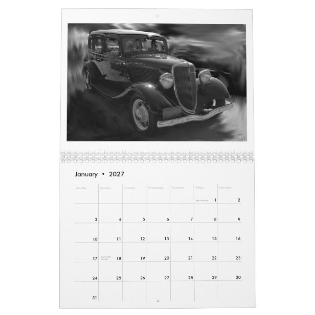 Calendario 2012 coches de ayer en blanco y negro (Jan 2027)