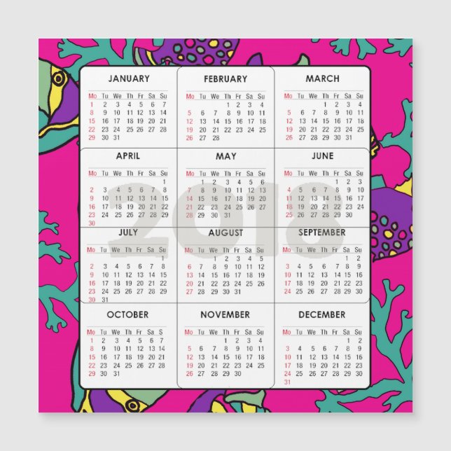 Calendario 2018 Pescado magnético cuadrado y coral (Anverso)