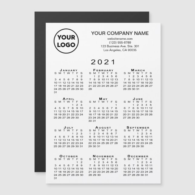 Calendario 2021 Logo de negocios Textos Tarjeta ma (Anverso/Reverso)