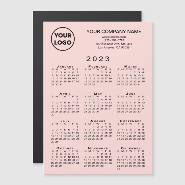 Calendario 2023 Logo comercial texto imán rosa (Anverso/Reverso)