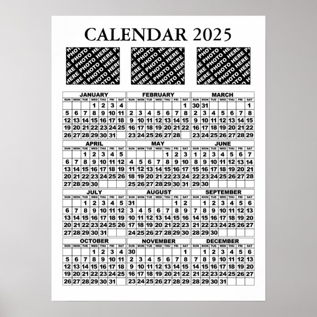Calendario 2025 Agregar 3 Fotos Póster Blanco 18x2 (Frente)