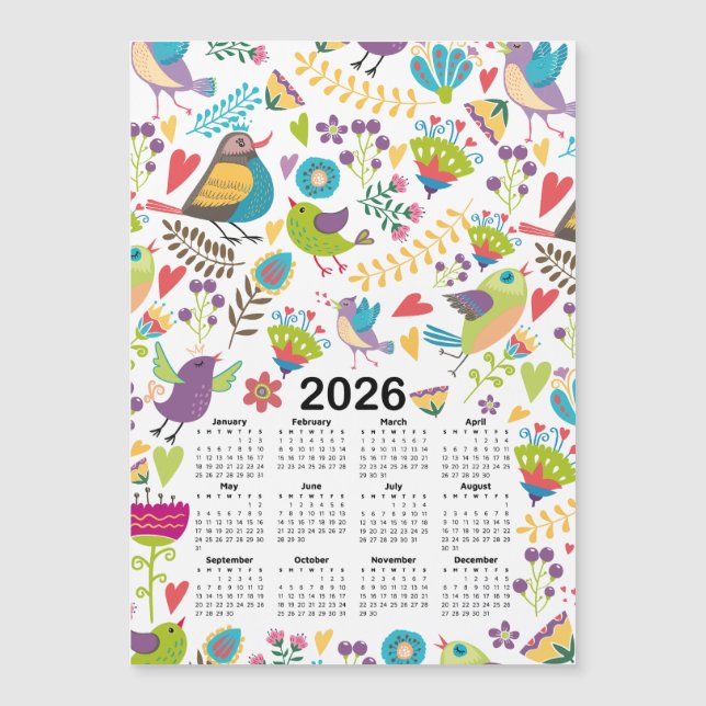 Calendario 2026 Aves y flores multicolores (Anverso)