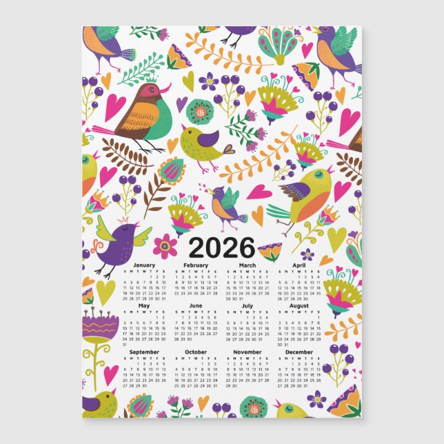 Calendario 2026 Aves y flores rosadas y moradas (Anverso)