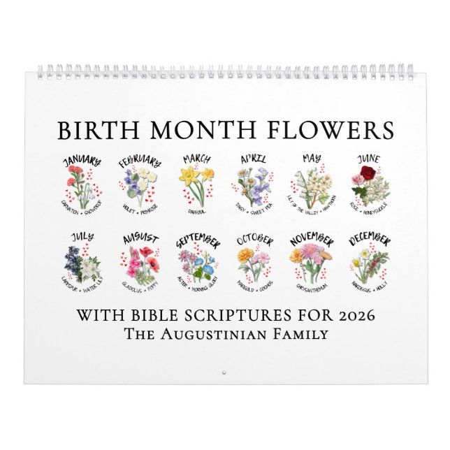 Calendario 2026 BIRTH MONTH FLOWERS Christian Bible Verse (Tapa)