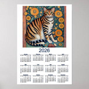 Calendario 2026 con arte popular de gato atigrado