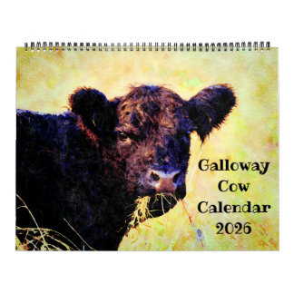 Calendario 2026 Cute Galloway Cow Cattle Watercolour Painting
