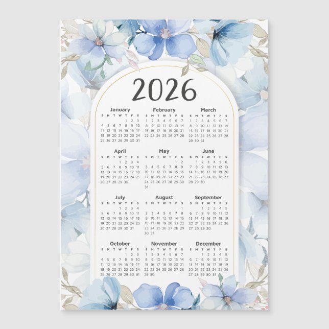 Calendario 2026 Elegante Jardín Floral Azul (Anverso)