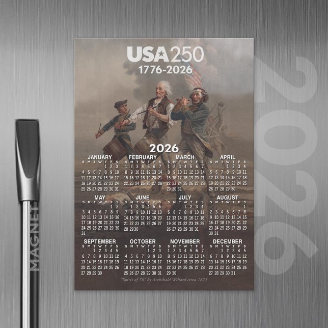 Calendario 2026 - Espíritu de 76 - 250° de Estados (2026 Calendar Magnet with USA 250 Celebration Theme)