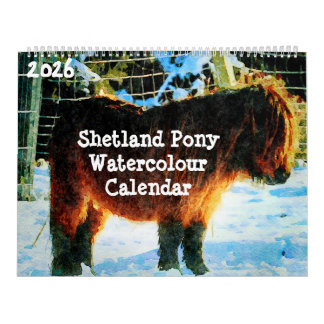 Calendario 2026 Hardy Shetland Ponies Watercolor Painting Art