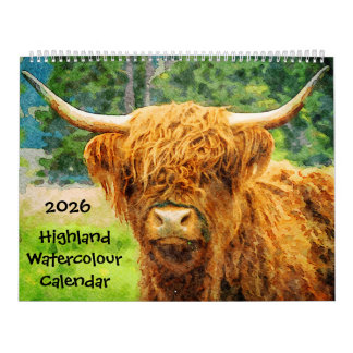 Calendario 2026 Highland Cow Cattle Cute Watercolor Paintings