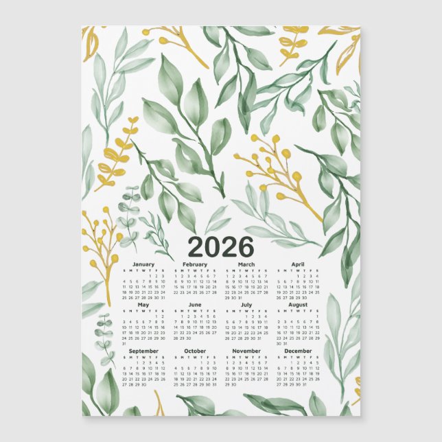 Calendario 2026 Hojas verdes y Floral amarilla dor (Anverso)