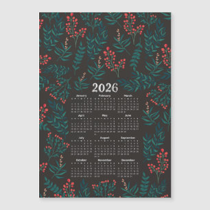 Calendario 2026 Hojas verdes y negro floral rojo