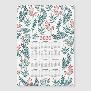 Calendario 2026 Hojas verdes y patrón floral rojo