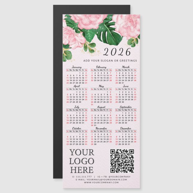 Calendario 2026 Logo comercial Código QR Floral ro (Anverso/Reverso)