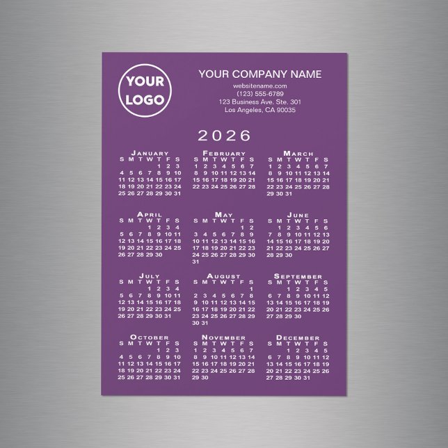 Calendario 2026 Logo comercial Textos Imán púrpura (2026 Calendar Business Logo Text Purple Magnet, in situ)