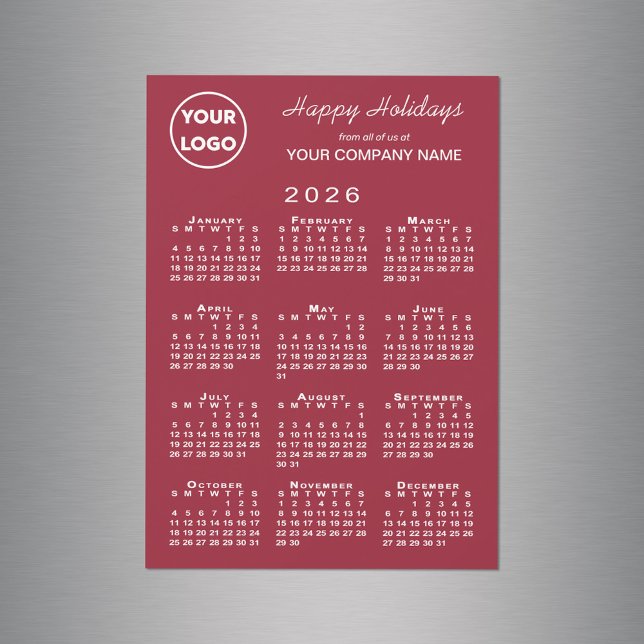 Calendario 2026 Logo de negocios imán de vacacione (2026 Calendar Business Logo Red Holiday Magnet in situ)
