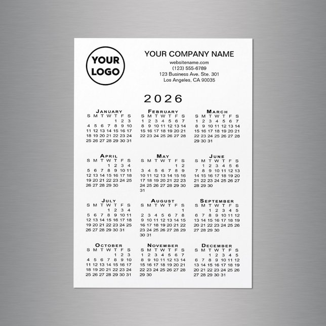 Calendario 2026 Logo de negocios Textos Tarjeta ma (2026 Calendar Business Logo Text White Magnet Card, in situ)