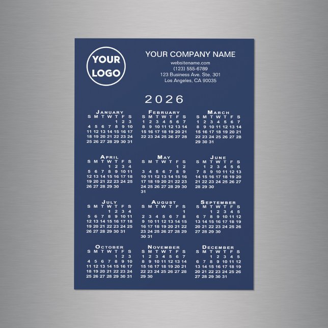 Calendario 2026 Logo de negocios Textos Tarjeta ma (2026 Calendar Business Logo Text Navy Magnet Card, in situ)